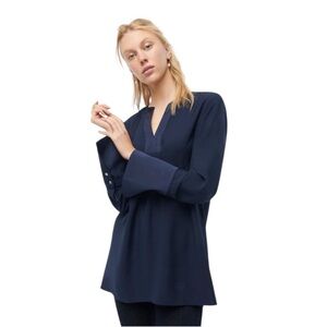 J. Crew Navy Blue‎ V-Neck Tunic XL Extra Large Satin Trim Crepe Long Sleeve